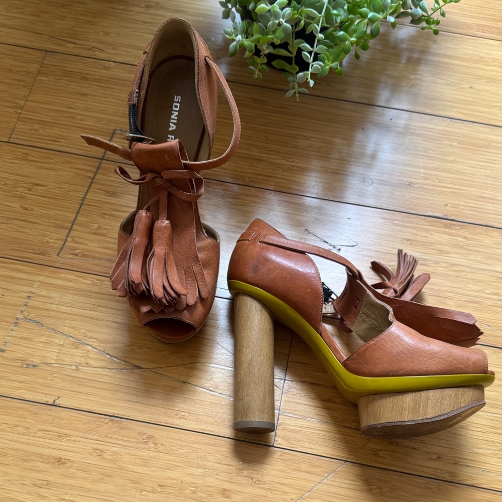 Sonia Rykiel Rust Leather Tassel Platform Sandals Wooden Heel
